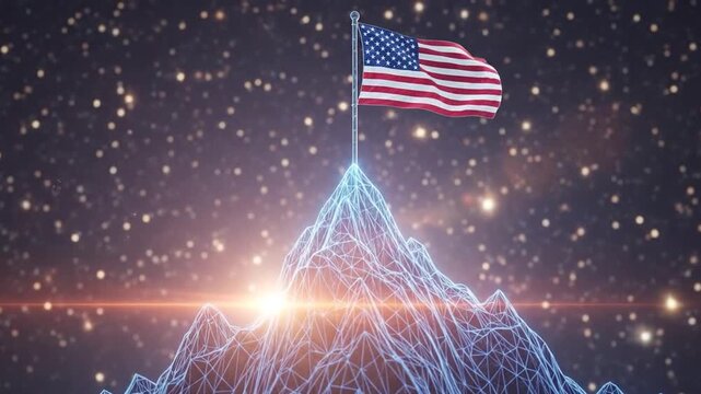 American flag on mountain peak with starry night sky background