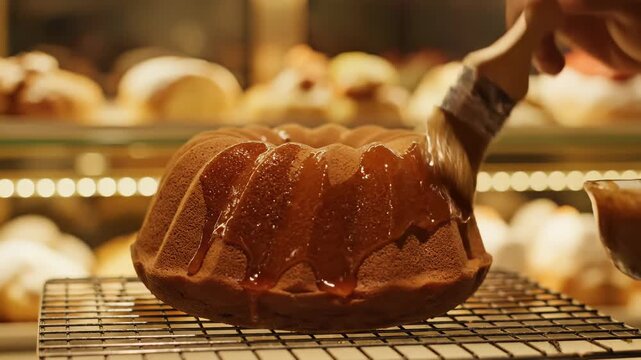 In a warmly lit bakery, skilled hands carefully brush a luscious glaze onto a beautifully shaped bundt cake. The soft glow of the surroundings enhances the artistic touch.