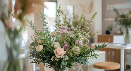 Modern floral shop highlighting a gentle pastel bloom arrangement creating a warm spring atmosphere