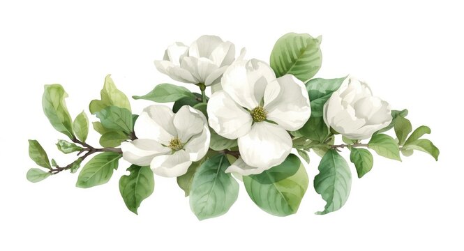 Watercolor painting of white dogwood blossoms with green foliage on a clean background