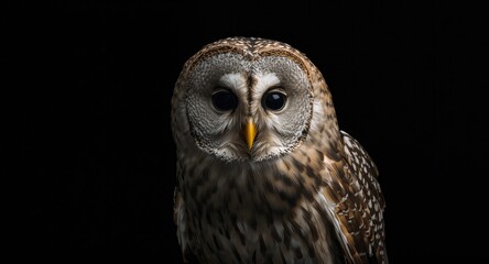 Obraz premium Great spotted owl portrait showing fine feather textures with a black backdrop