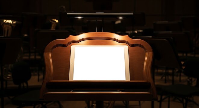 Orchestra music stand illuminated in a dark concert hall.