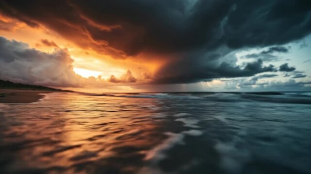Dramatic skyscape with storm clouds and ocean at sunset