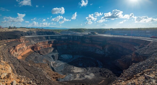 Overhead shot of open pit excavation showcasing geological strata and mining methods with distinct texture variations in soil and coal
