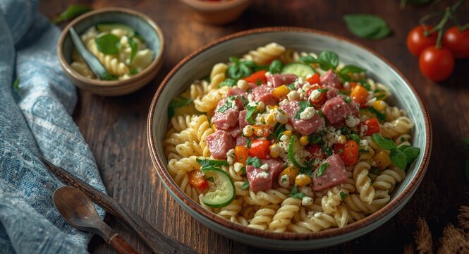 Pasta salad with tuna cucumber sweetcorn in rustic style on wooden table including copy space