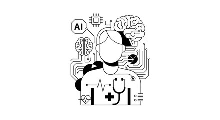 Obraz premium Artificial Intelligence in Healthcare: Brain, Doctor, AI Chip, Heartbeat