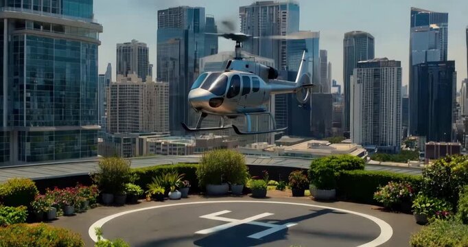Luxury helicopter on rooftop helipad in modern city