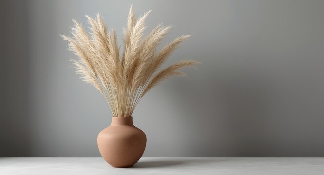 Minimalist home decor featuring clay pot filled with tan pampas grass on muted grey background