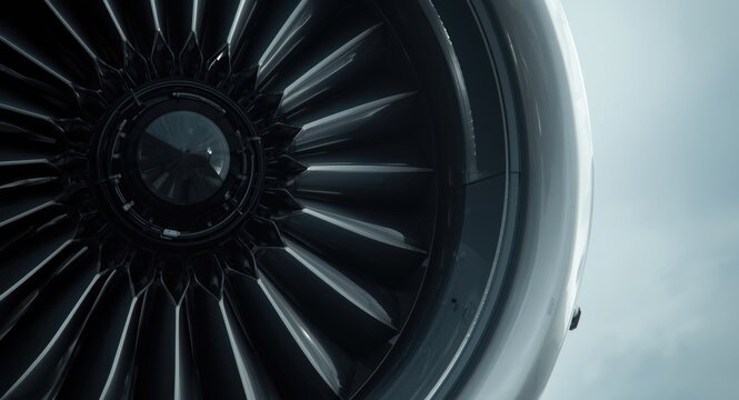 Fan blades of airplane engine detailed close view related to airline maintenance