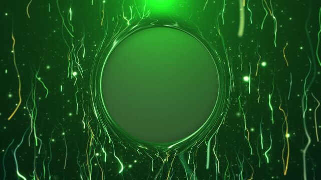 Fun party and celebration motion background animation with glittering glowing particles and green and gold falling streamers. Full HD, looping Saint Patrick's Day background with copy space.