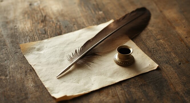 Vintage quill feather and inkwell positioned on rustic blank paper surface
