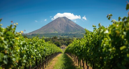 Vineyard rows in rural setting with volcanic landform on horizon