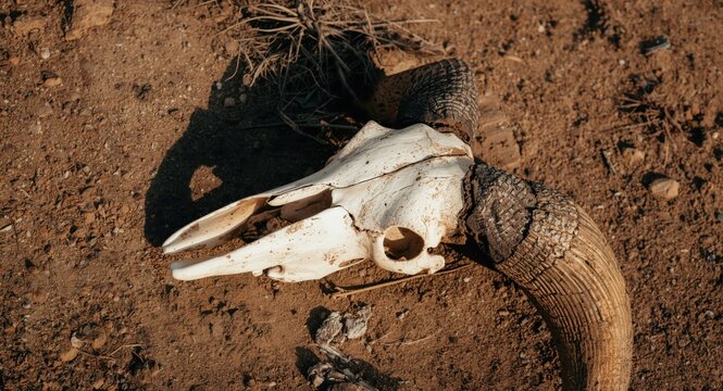 Aerial capture of a curved horn skull lying on earth