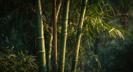 Up close scene showing flourishing bamboo stalks surrounded by vibrant green foliage