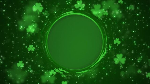 Lucky shamrocks, shiny stars and glittering particles on a dark green gradient background. This Saint Patrick's Day celebration background animation is full HD and a seamless loop with copy space.