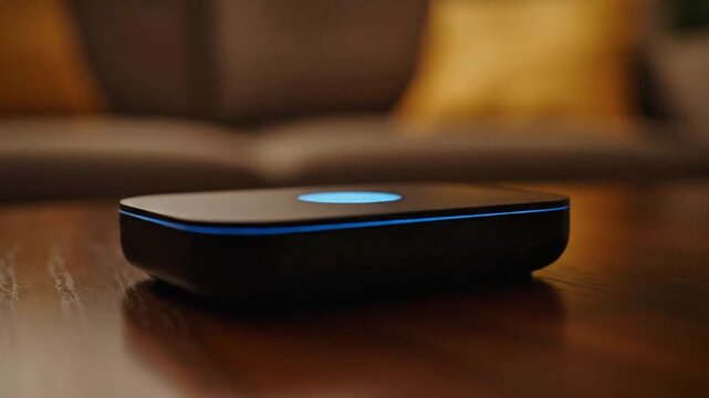 Black rectangular smart home hub device with a single glowing blue indicator light rests on a glossy wooden coffee table in front of a blurred sofa.