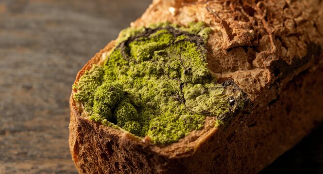 Close up of spoiled bread with green mold and fungal growth