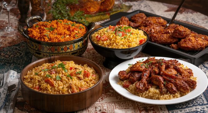 Delightful combination of jollof rice, crispy fried rice, homemade moi moi, and grilled chicken for a family gathering