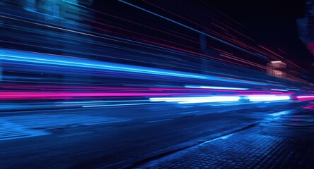 Swift motion captured on a neon illuminated street at night with glowing light trails