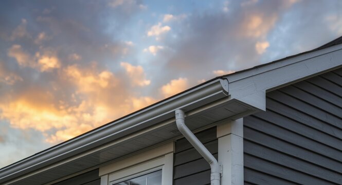 Dramatic sky over attic with white framed gutter guard, dark gray vinyl siding, white soffit and fascia accents