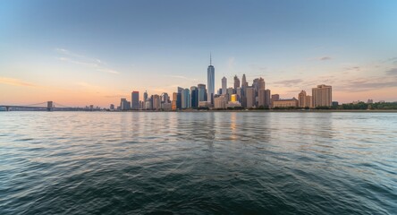 Obraz premium Gentle river scene with an expansive urban skyline