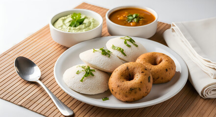 Idli and vada south indian breakfast with sambar and chutney