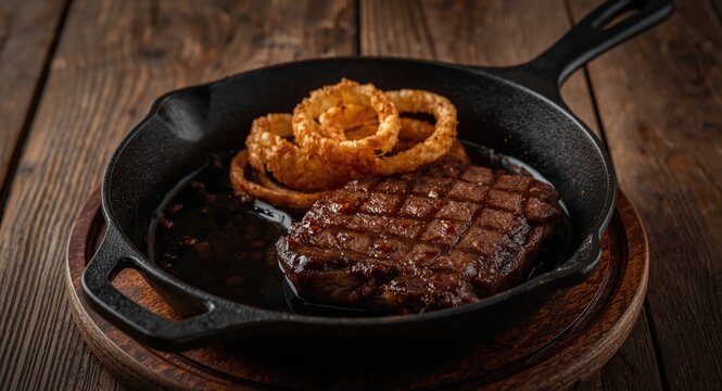 Traditional Filipino dry aged Angus Bistek Tagalog steak served with onion rings and soy sauce in cast iron pan