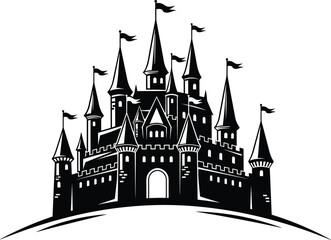 Obraz premium Black Vector Silhouette of a Grand Medieval Fairytale Castle with Multiple Towers and Flags on a Hill for Fantasy and Historical Graphic Designs