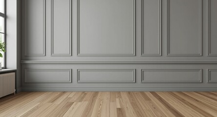 Naklejka premium Modern classic interior room with wooden flooring and gray molded wall panels for mock up