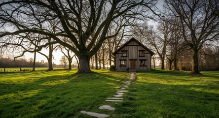 Obraz premium Traditional house set in a lush green lawn with impressive tall trees in quiet countryside