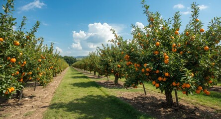 Mandarin citrus orchard under sunny sky with fruit laden trees and copyspace area