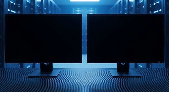 Two blank computer monitors stand on a desk in a server room with blue lighting.