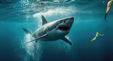 Playful great white shark springing upward with mouth fully open