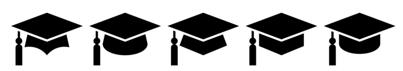 Graduation cap icon set. Mortar board or college graduation hat collection signs.