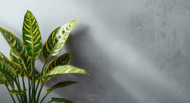 Variegated cocor bebek plant positioned on gray grain backdrop with soft daylight and copy space