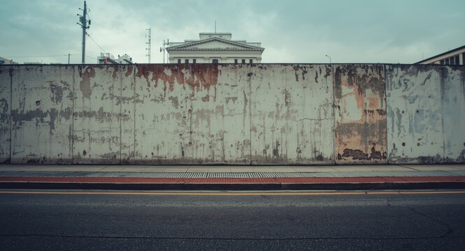 Urban backdrop with white building behind an aged wall and sidewalk plus road area perfect for copy space