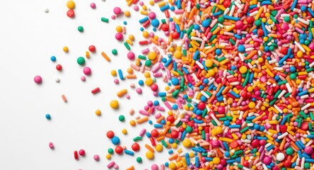 Fototapeta premium Colorful sprinkle assortment creating dynamic contrast on a white background
