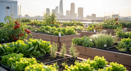 Obraz premium Rooftop vegetable garden with wooden raised beds and fresh plants at sunset, urban agriculture and sustainable city living concept, modern skyline background