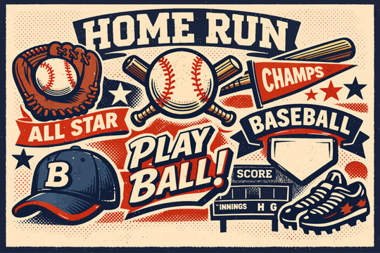 A vibrant retro-style baseball collage featuring various elements like a glove, bat, ball, cap, and scoreboard with text like 'HOME RUN' and 'PLAY BALL!'.