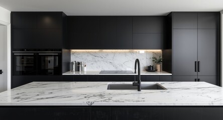 minimalist kitchen design featuring black cupboards and luxurious marble surfaces