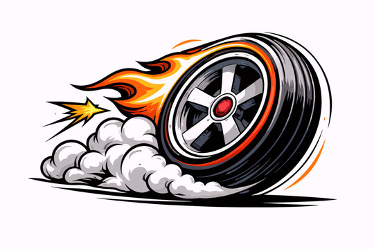Dynamic illustration of a burning rubber tire with flames and smoke, depicting speed and power.