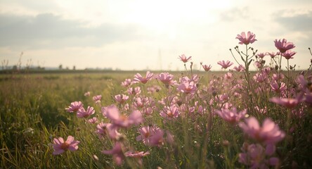 Pink flowers blooming vividly in a sunlit field with cloudy sky