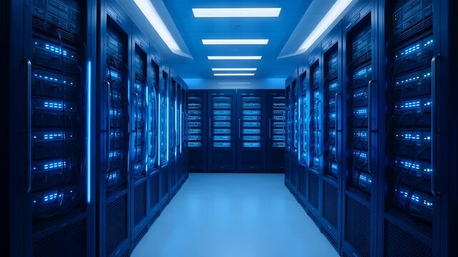 High-tech data center with blue lighting.