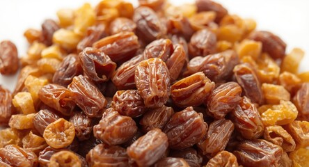 Pile of various dried fruits with Phoenix dactylifera dates displayed on white background
