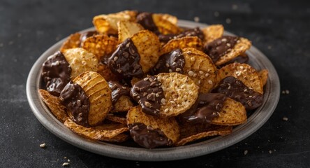 Fototapeta premium Assorted chocolate dipped potato chips served on a round plate