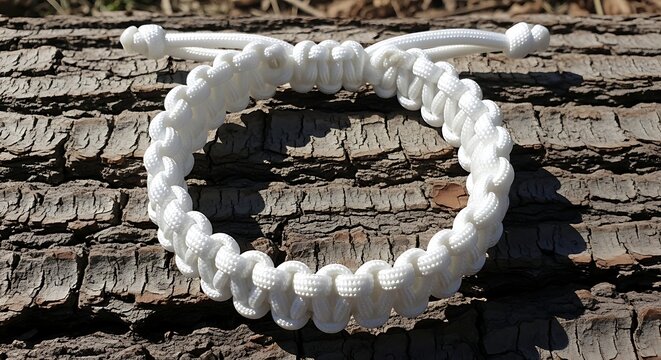 White paracord bracelet tied on a rustic wooden surface.