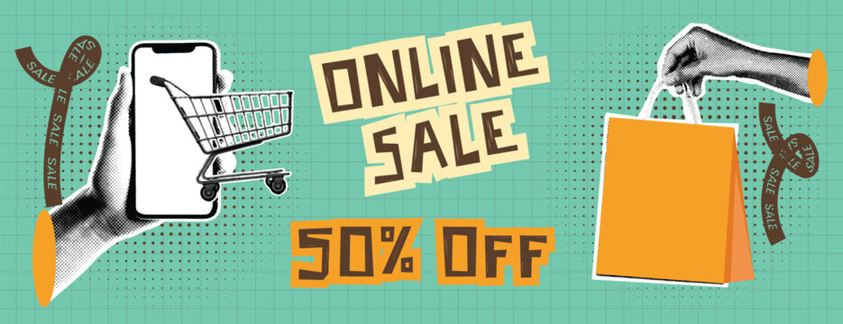 Retro pop art comic style online sale advertising banner with discount message, hand holding phone, and shopping bag, horizontal social media cover header design with vintage paper cutout