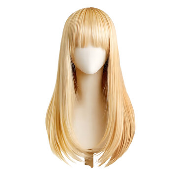 Blonde straight wig on a beige mannequin stands on white background
