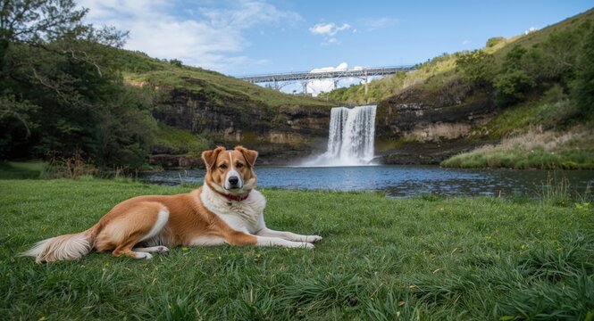 Contented dog resting full length on green grass lawn adjacent to falling water under summer sky
