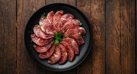 Raw pork meat slices garnished with fresh herbs on black plate set on rustic wooden surface